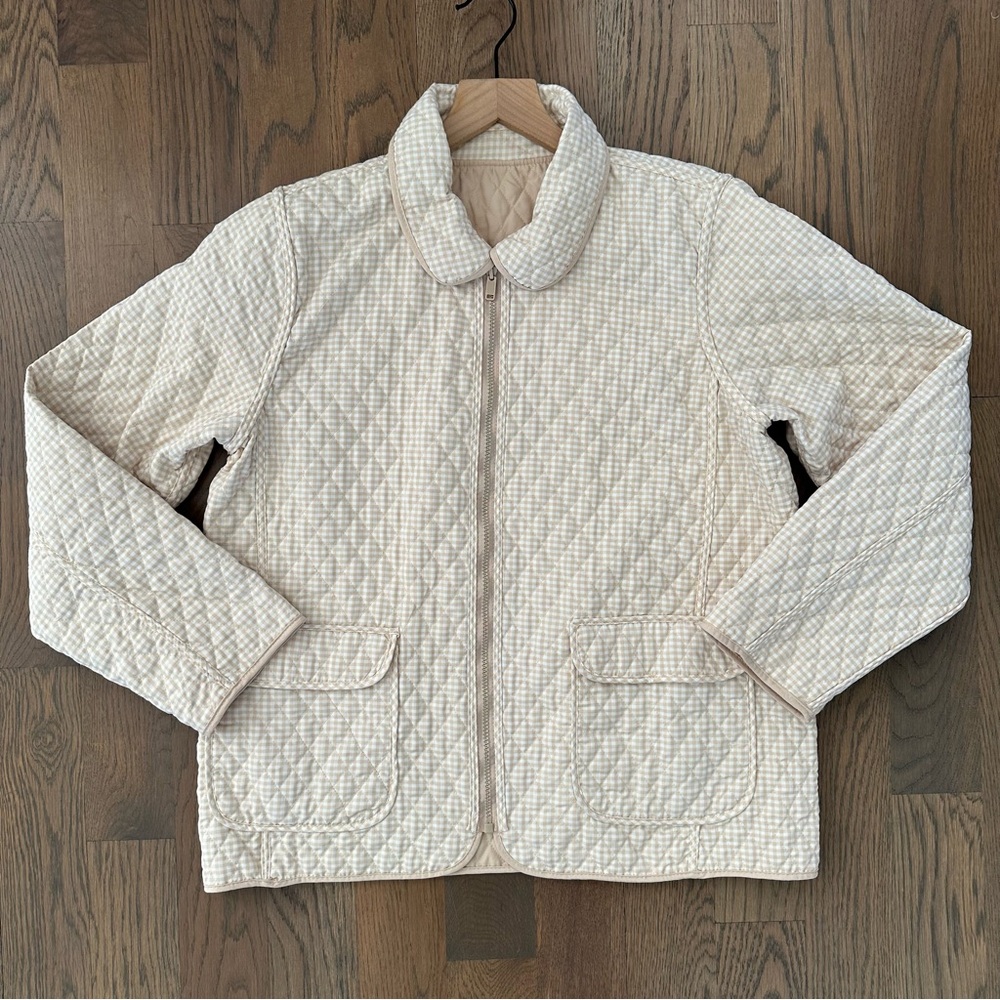 Vintage Bill Blass Gingham Reversible Quilted Chore Coat Beige and White Large